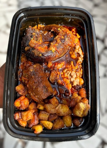 Ewa Agoyin + Plantain + Hake Fish & Pomo